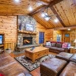 Large open living area with fireplace