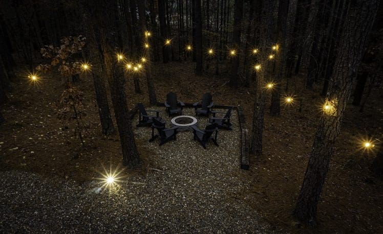 string lights around fire pit area
