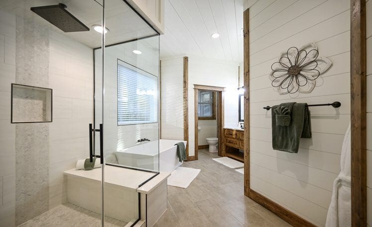 Large bathroom with oversize shower and soaking tub