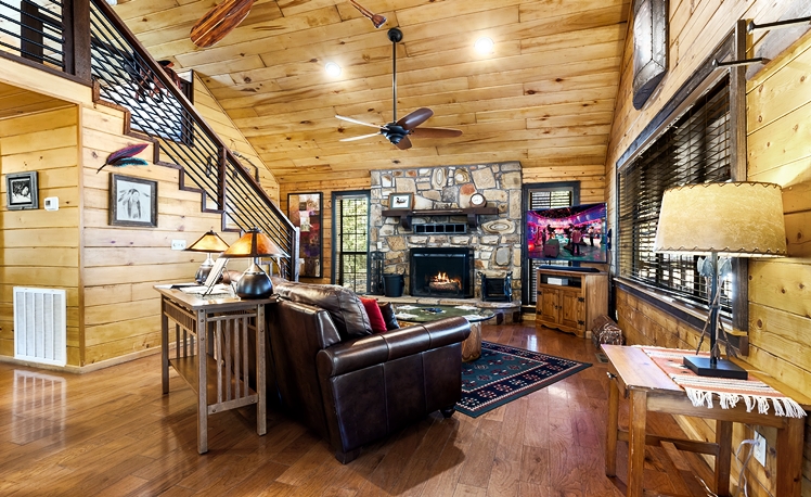 Living area with wood burning fireplace