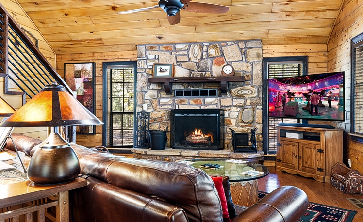 Living area with wood burning fireplace