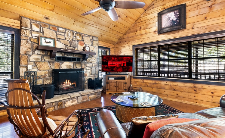 Living area with wood burning fireplace