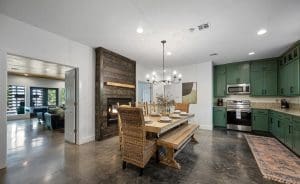 Kitchen and dining area with fireplace