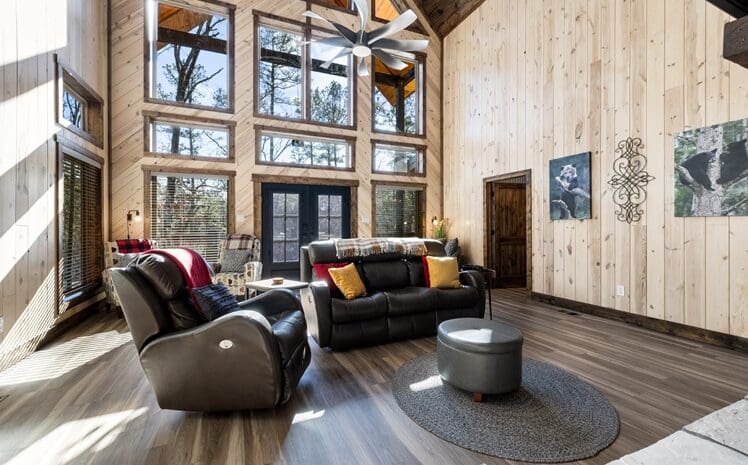 Great Room - Leather Furniture, floor to ceiling windows.