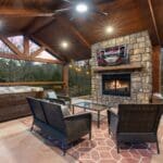 Outdoor seating with gas fireplace and hot tub
