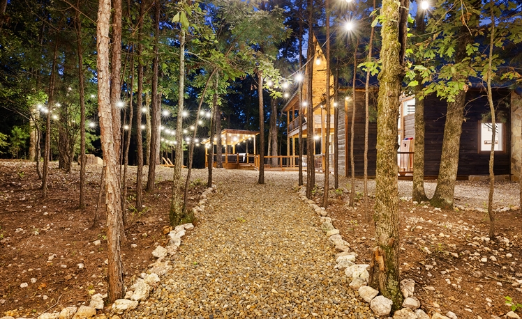 walk way to fire pit lit with string lights