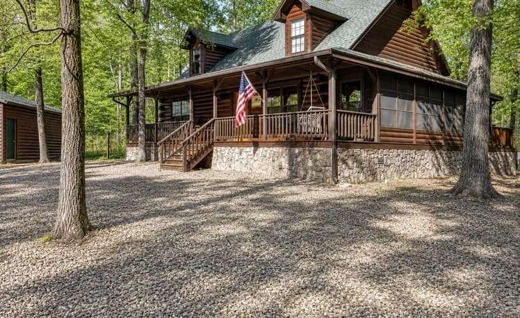 Exterior front view of the forest cabin