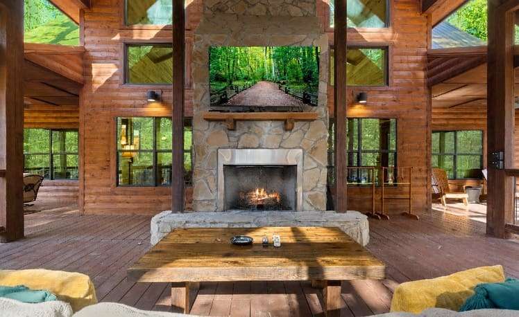 back deck with fireplace